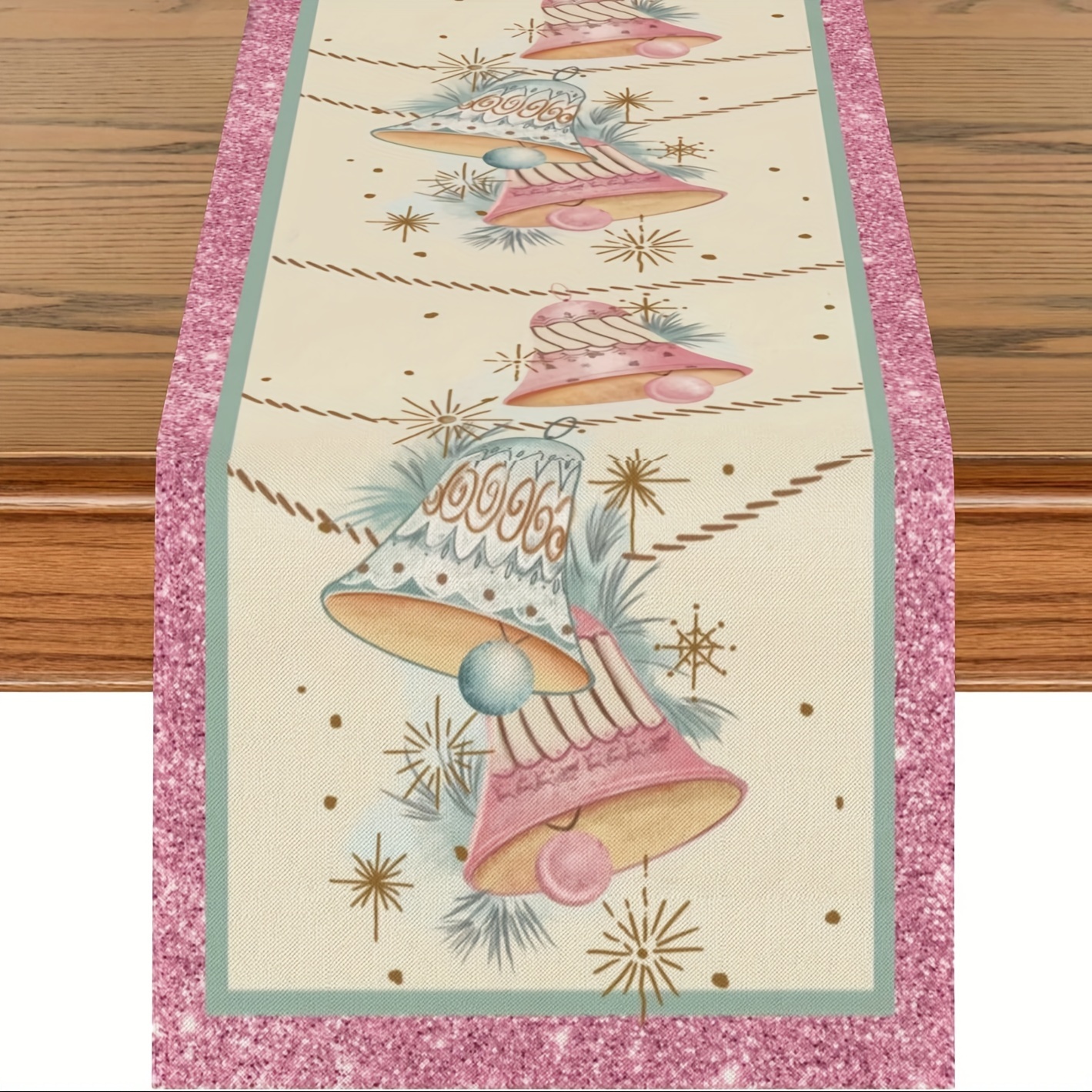 

Festive Christmas Table Runner: Pink Pine Needles And Bells, Available In 3 Sizes For Your Holiday Home Party - 13x48in, 13x72in, 13x108in