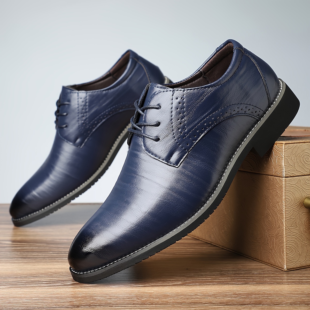 Men's Brown Dress Shoes - Lace-Up Wingtip Oxfords with Rubber Sole, Classic Perforated Design for Formal or Business Occasions
