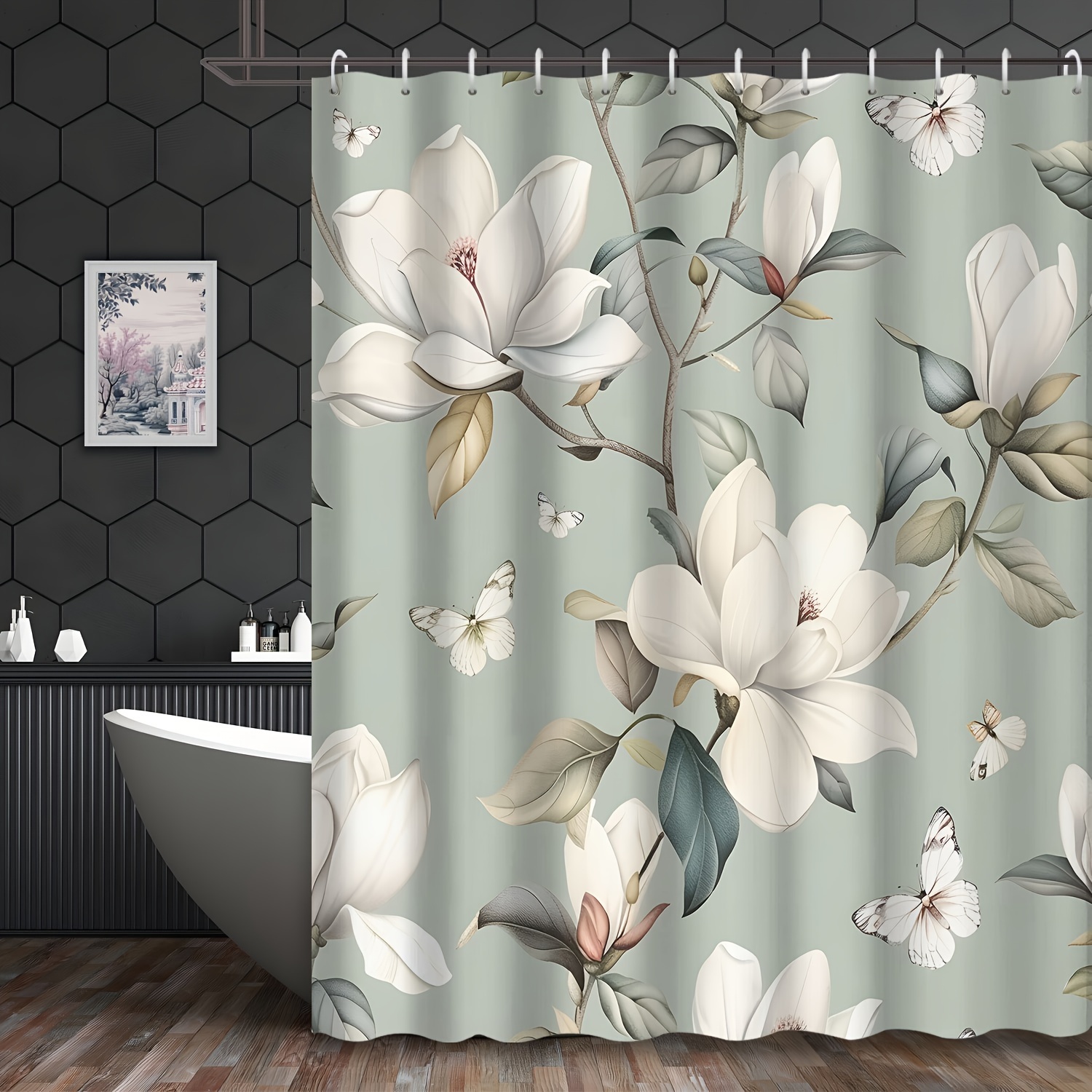 

Elegant Magnolia And Butterfly Print Shower Curtain, Water-resistant Polyester Bath Curtain With Hooks, Decor, Grommet Top Unlined Shower , Machine Washable - 72x72 Inches