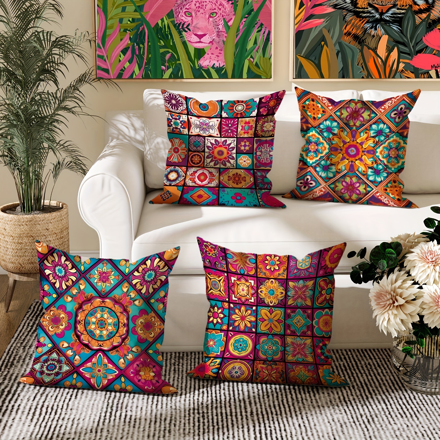 

4pcs Velvet Throw Pillow Covers Persian Bohemian Moroccan Floral Teal Purple Orange Decorative Pillow Covers 18in*18in For Living Room Bedroom Sofa Bed Decoration Without Pillow Inserts