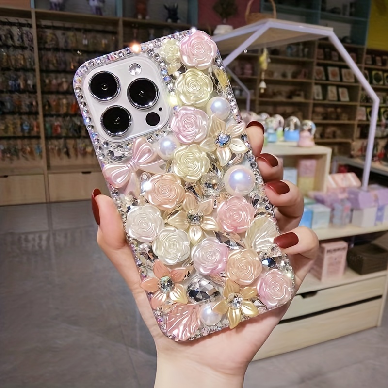 Fashionable And Luxurious Colored Resin Flower Rhinestone Pearl Phone Case Suitable for iPhone 15 Promax Anti Drop Phone Case