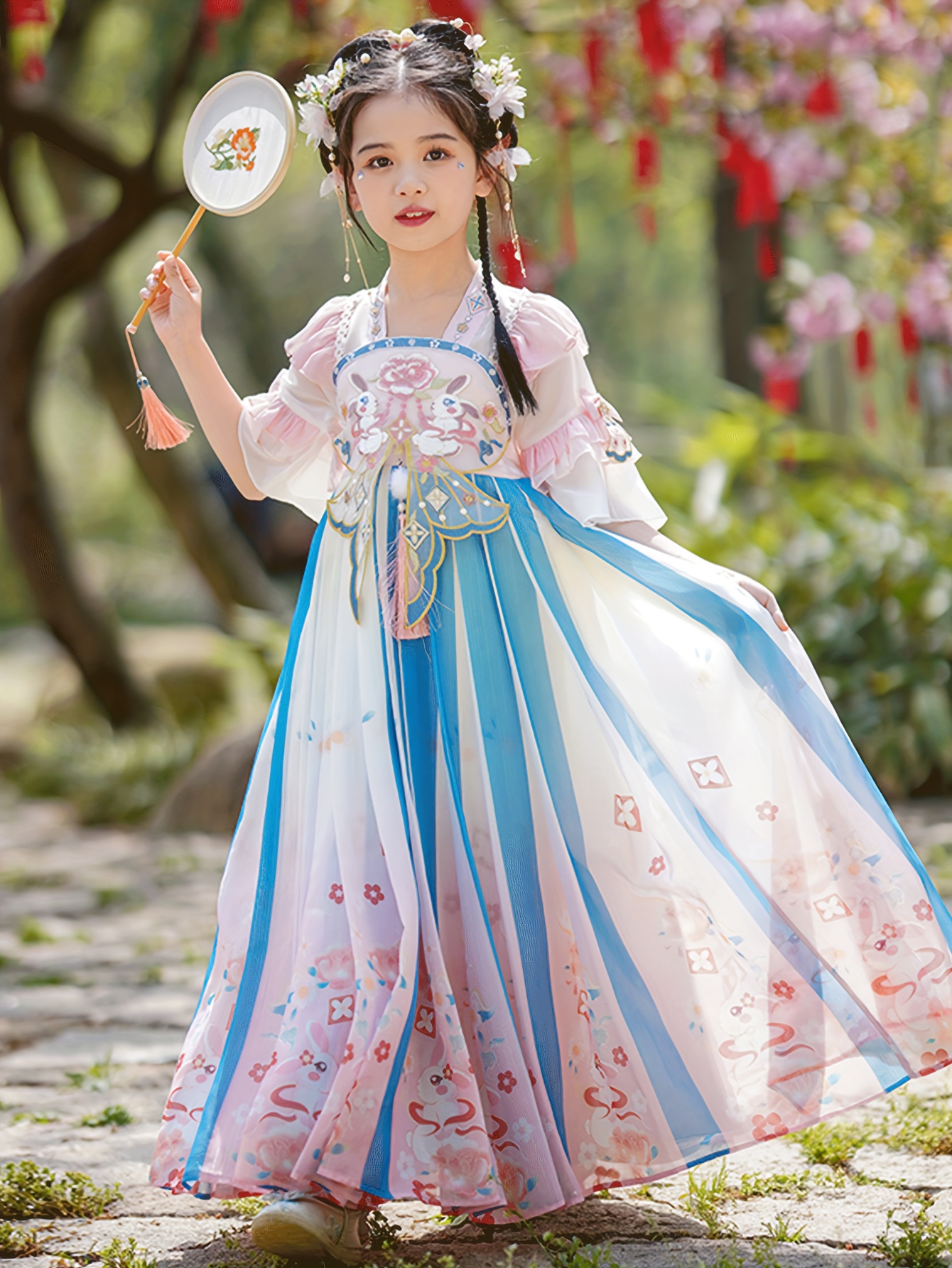 * Girls' Hanfu Dress 2024 New * - Traditional Chinese Tang, Princess Skirt  with Floral Pattern, Non-Stretch Fabric, Regular Fit, image size:800x1066