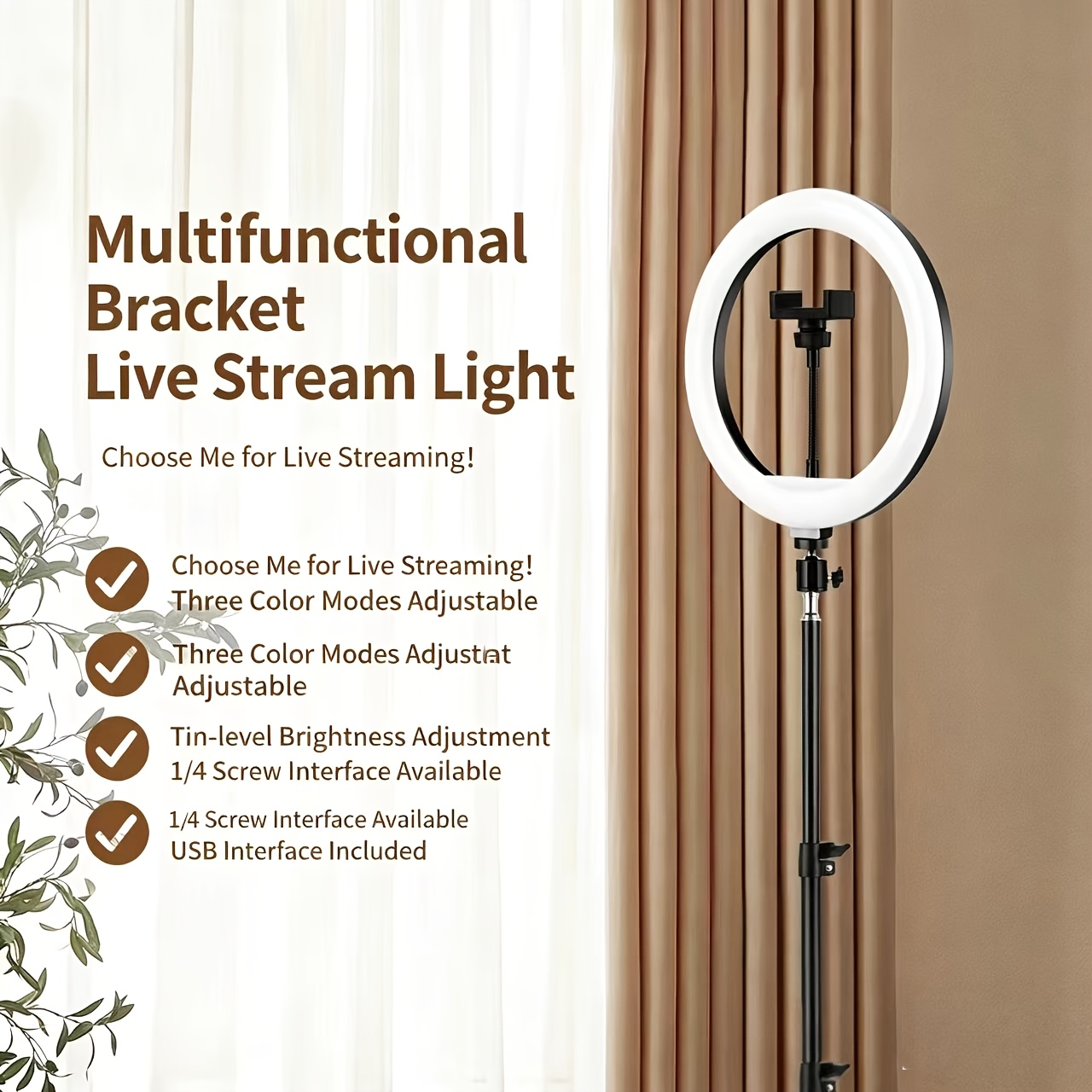 TEMU 10inch -one Multifunctional Live Streaming Stand Ring Light, 3-color Adjustable Color-changing Led Fill Light Mobile Phone Ring Fill Light, Live