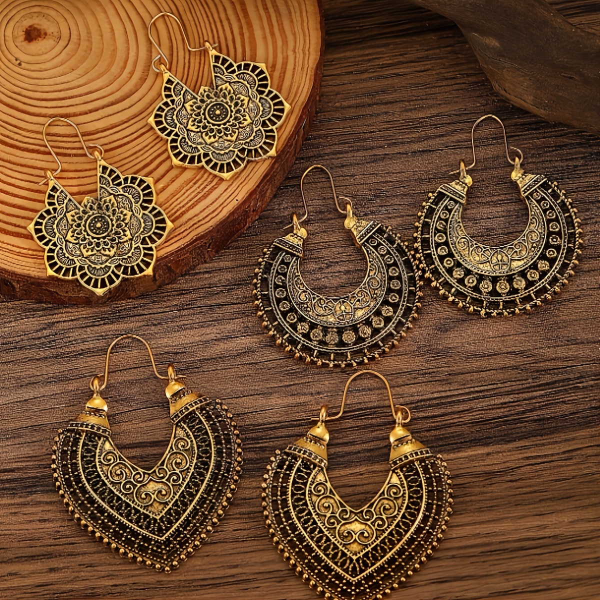 TEMU 6pcs Vintage Bohemian Style Pierced Flower And Geometric Line Earrings Set For Women's Party