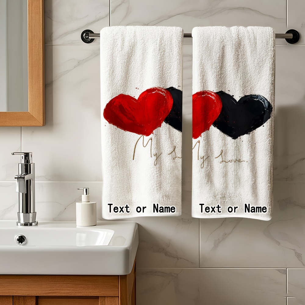 TEMU Customized, 2pcs Set, Personalized Bathroom Towels With Name Or Text, Red And Black Heart "my Love" Themed Print, Exquisite Towels, New Year