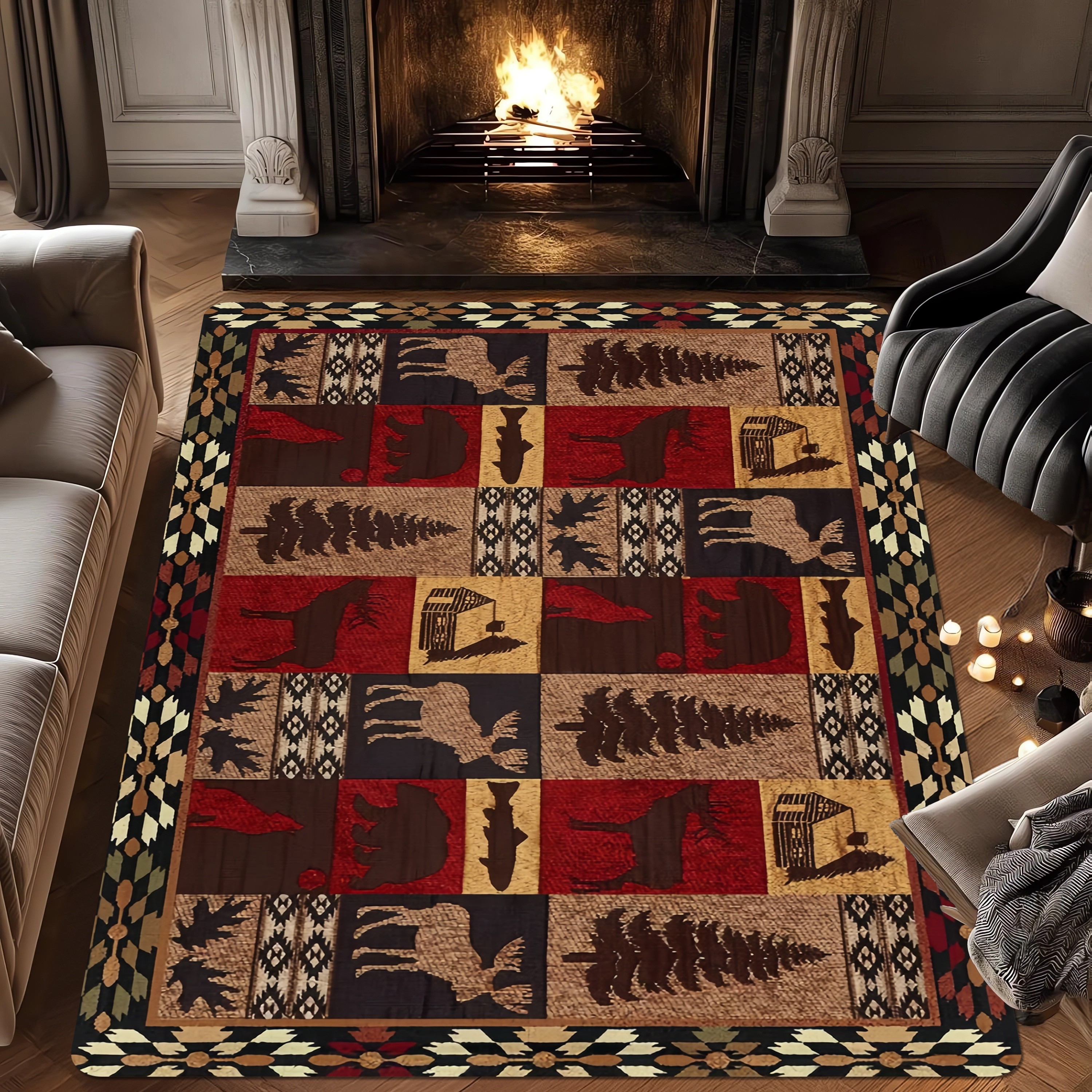 TEMU Tapis en flanelle style rustique, petite cabane ours éléphant, tapis vintage lavable pour salon, table basse, chambre à coucher, paillasson