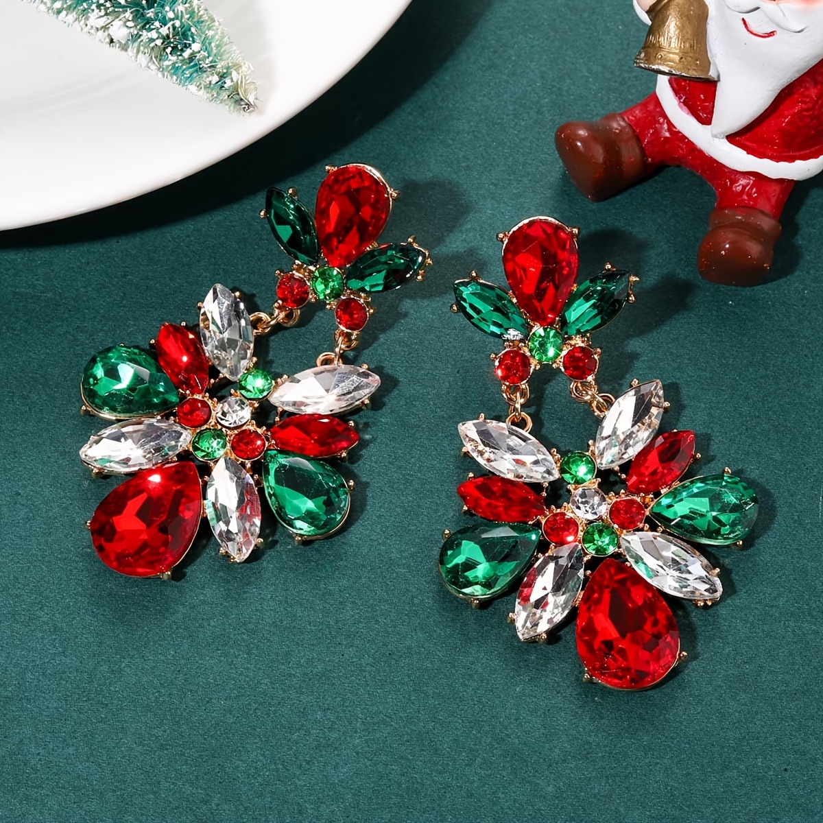 

[1pr Christmas Earrings] Christmas Earrings For Women, Red, Green & Clear Dangle Earrings, Elegant Non-woven Fabric Accessory, For Holiday Parties