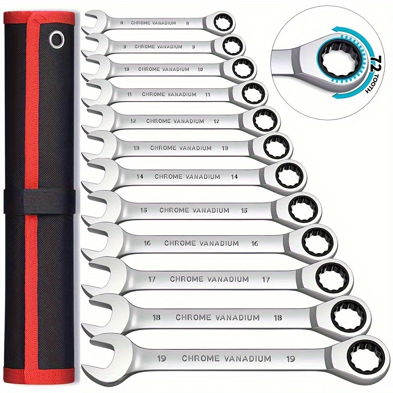 

12pcs Ratcheting Wrench Set | Metric And Sae | Ratchet Combination Wrenches Set With Organizer, Plastic Frame| 72-teeth | Chrome Vanadium Steel | 8-19mm & 1/4" To 13/16