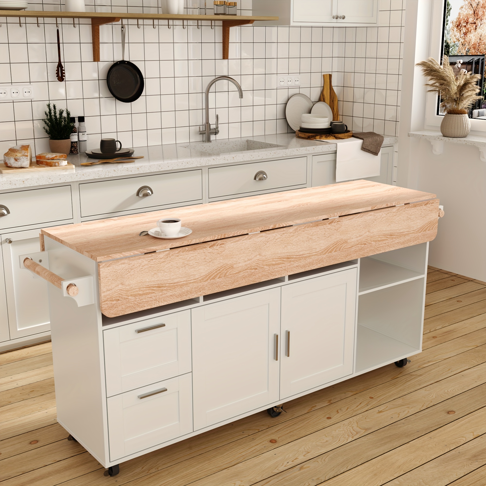modern kitchen storage cart with 2 drawers open shelves 2 flip down desktops kitchen pantry with 6 wheels and push pull wooden handle kitchen island with 2 cabinet doors large storage space