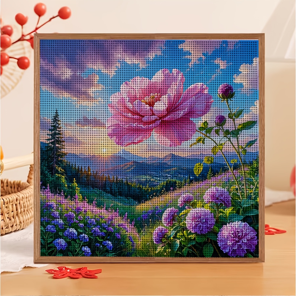 DIY Cross-Stitch Printed Kit, Giant Flower Landscape at Dawn