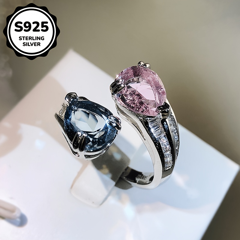 Image of 1pc S925 925 Silver Exquisite Retro Geometric Inlaid Colorful Synthetic Synthetic Zircon​ Unisex Ring Open Adjustable High-quality Jewelry Banquet Party Wear