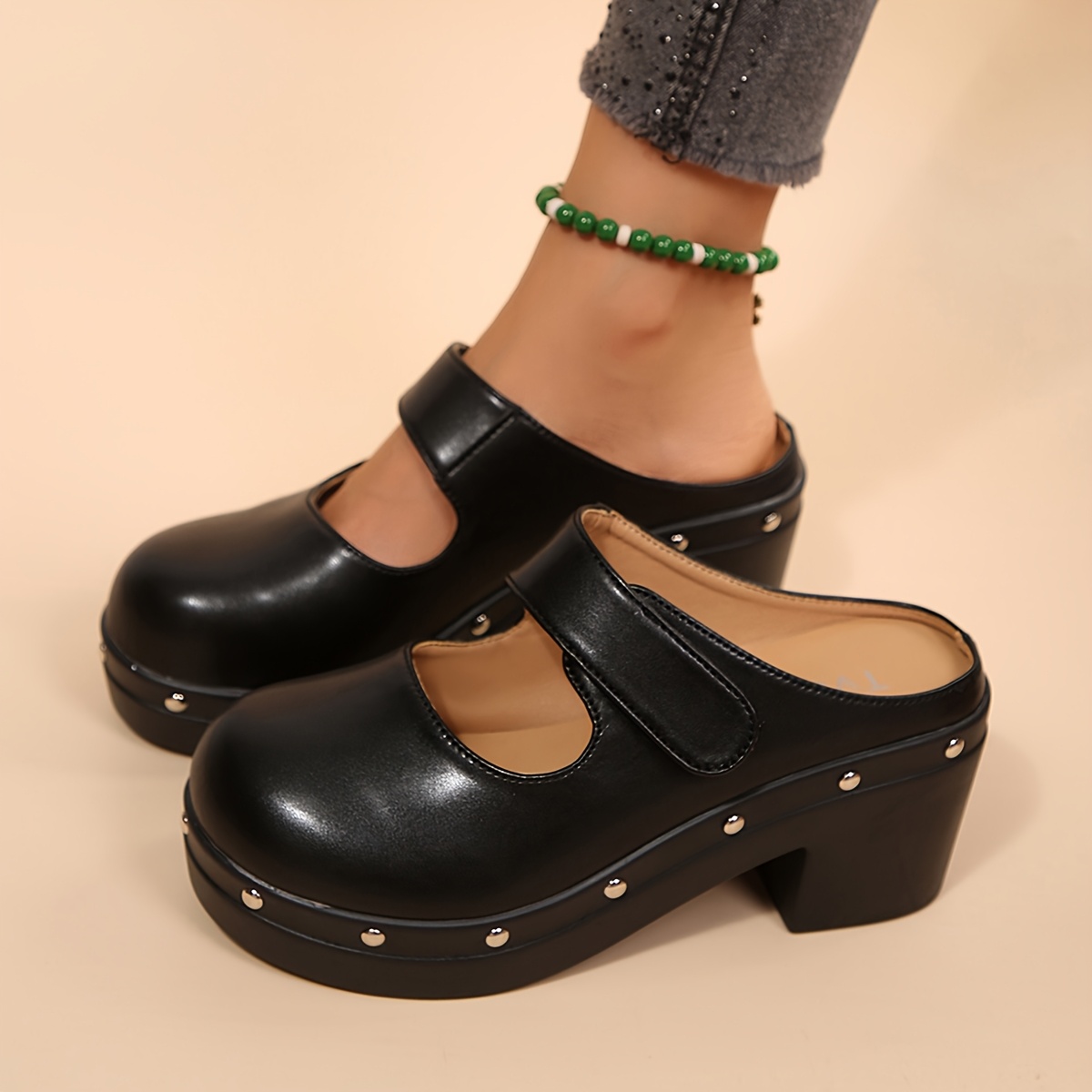 TEMU Women's Mule Shoes New Style High Heel Thick Sole Fat Wide Toe Mule, Retro Decor Thick Sole Closed-toe Mule, Chunky Heel Hook-and-loop Half-slip