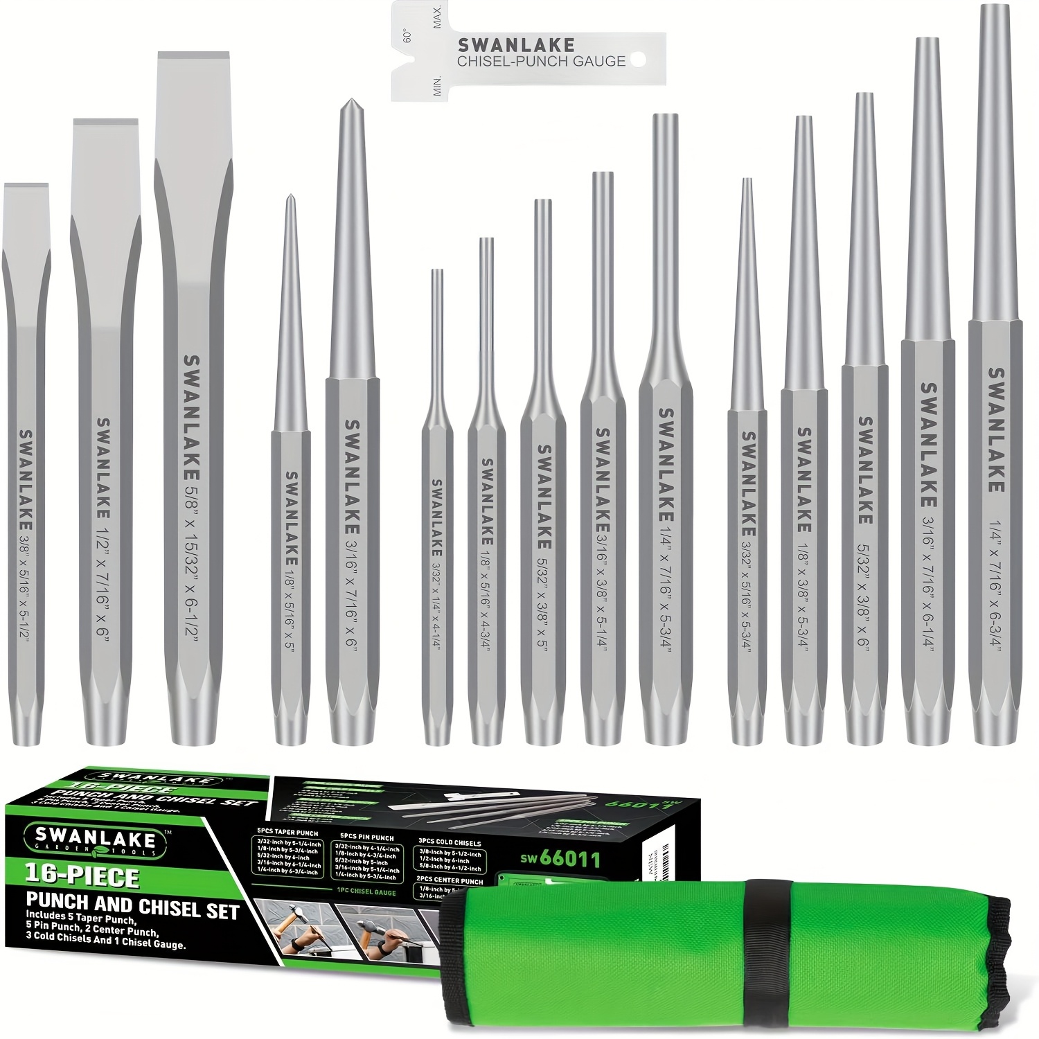 Swanlake Punch And Chisel Set, Including Taper Punch, Cold Chisels, Pin Punch, Center Punch (16pcs)
