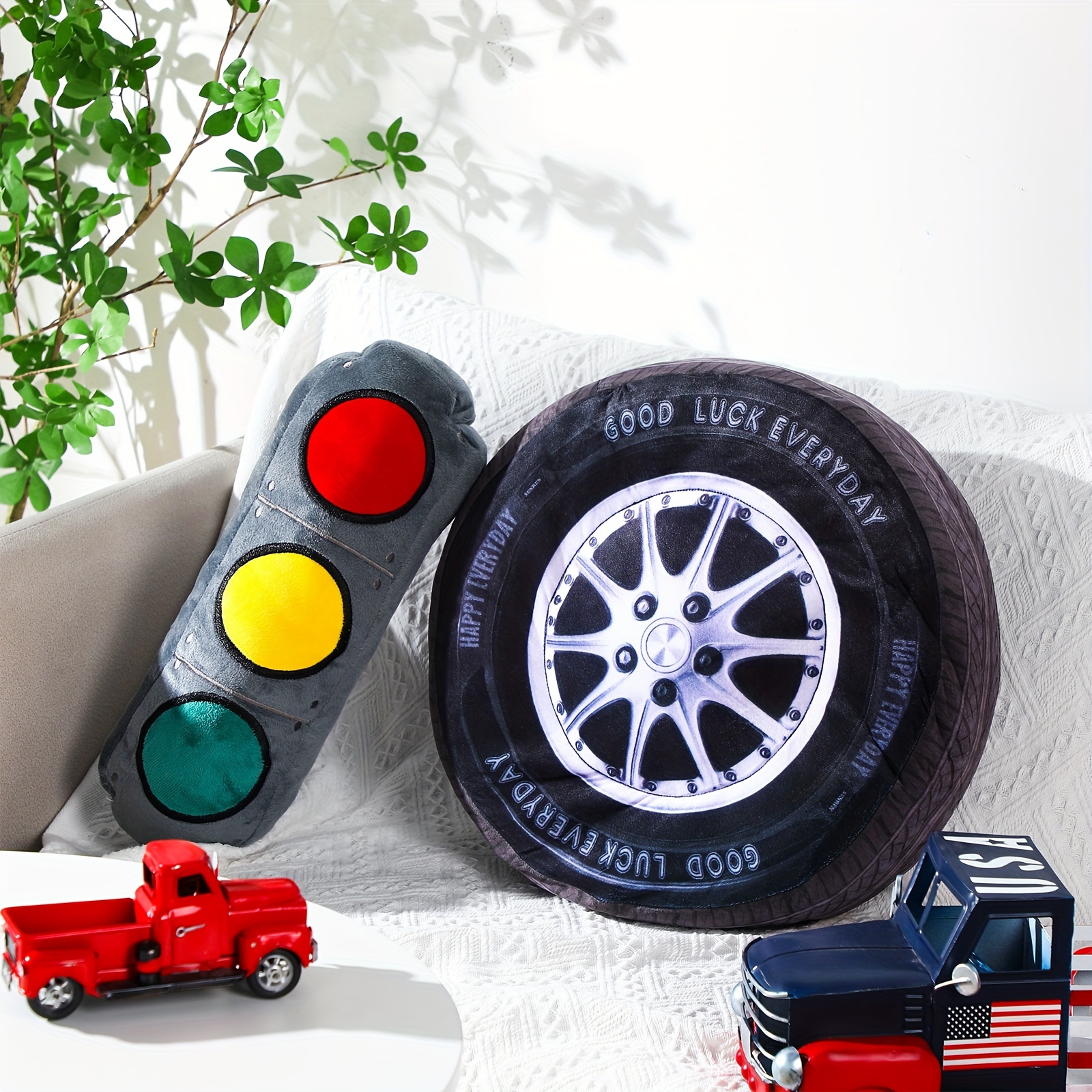 2pcs Racing Pillow Room Decorations Set 15.7 Inch Simulation Wheel Pillow Funny Cone And Stop Sign Soft Race Car Tire Room (