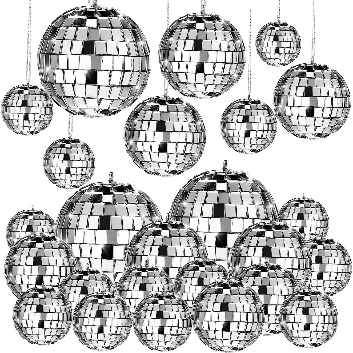 20pcs of hanging mirror disco balls in silvery for decorations   mardi gras   assorted mini   balls     sizes and   reflective   with ropes measuring 2 4 inches 2 inches 1 6 inches