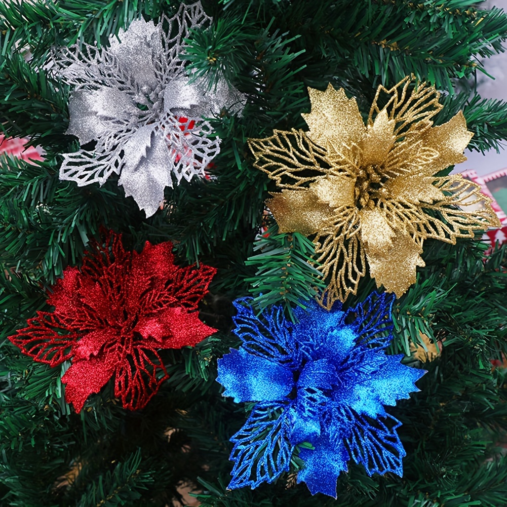 

10-pack Artificial Christmas Poinsettia Flowers, Plastic Glitter Tree Ornaments, Non-electric Festive Wreath Decorations For Holiday, New Year, Wedding