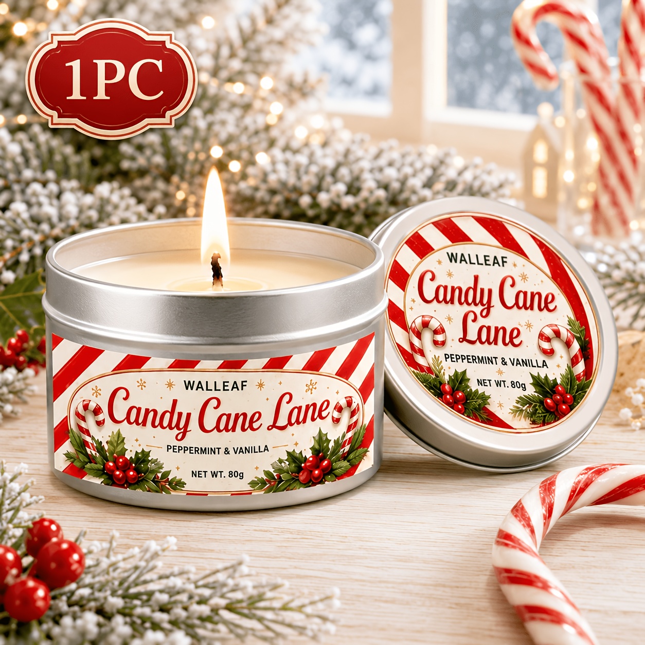 TEMU Christmas Candy Cane Scented Candle, Fresh Mint Vanilla Fragrance In A Silvery Can, Warm Candlelight For Winter Home Decor, Suitable For