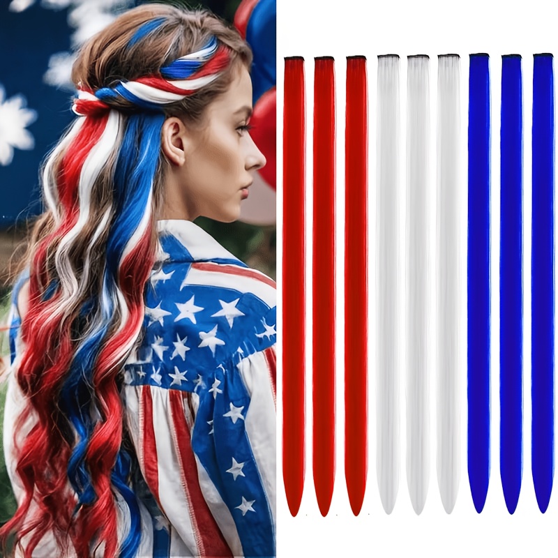 TEMU 9pcs Clip-in Hair Extensions Suitable For , Cosplay & Halloween - Patriotic Wig With Heat-resistant Synthetic Fiber, Clip- Extensions For Women, For Day Parties, Sports Events & Daily Use