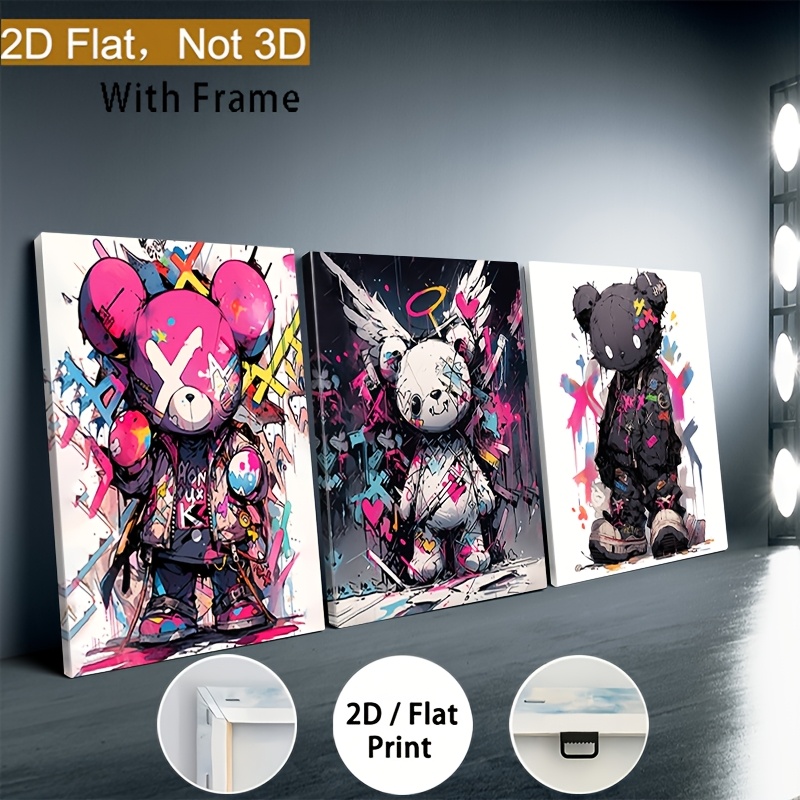2D Flat Framed Decorative Wooden Frame Poster, Not 3D, 3pcs Set of Bear Graffiti Art Prints, Vibrant Streetwear Teddy Bears Canvas Wall Décor for Living Room, Bedroom, Office & More – Unique Modern Pop Art Design with Wooden Hanger