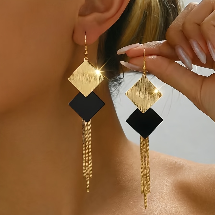 Image of 1 Pair Of Women's Fashion Dangle Earrings, Vintage Style, Textured , Black And Color Block Pattern, Long Tassel Drop Earrings For Autumn/winter Daily , Parties, Beach Vacations, Ear Accessories