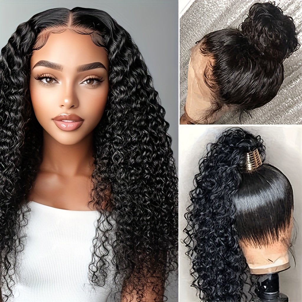 TEMU 13x4 Black Lace Front Wig, Water Wave Lace Front Wig, 26-inch Synthetic Hair Wig, 100% Density Black Synthetic Hair Wig