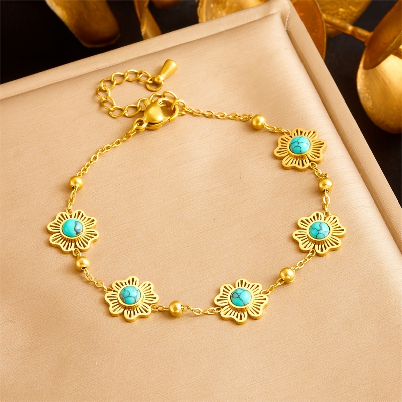 

Bracelet Élégant en Acier Inoxydable Chic avec Turquoise Doré & Fleur pour Femmes - Bijoux avec Fermoir , Idéal pour & les Fêtes, Bijoux pour Dames