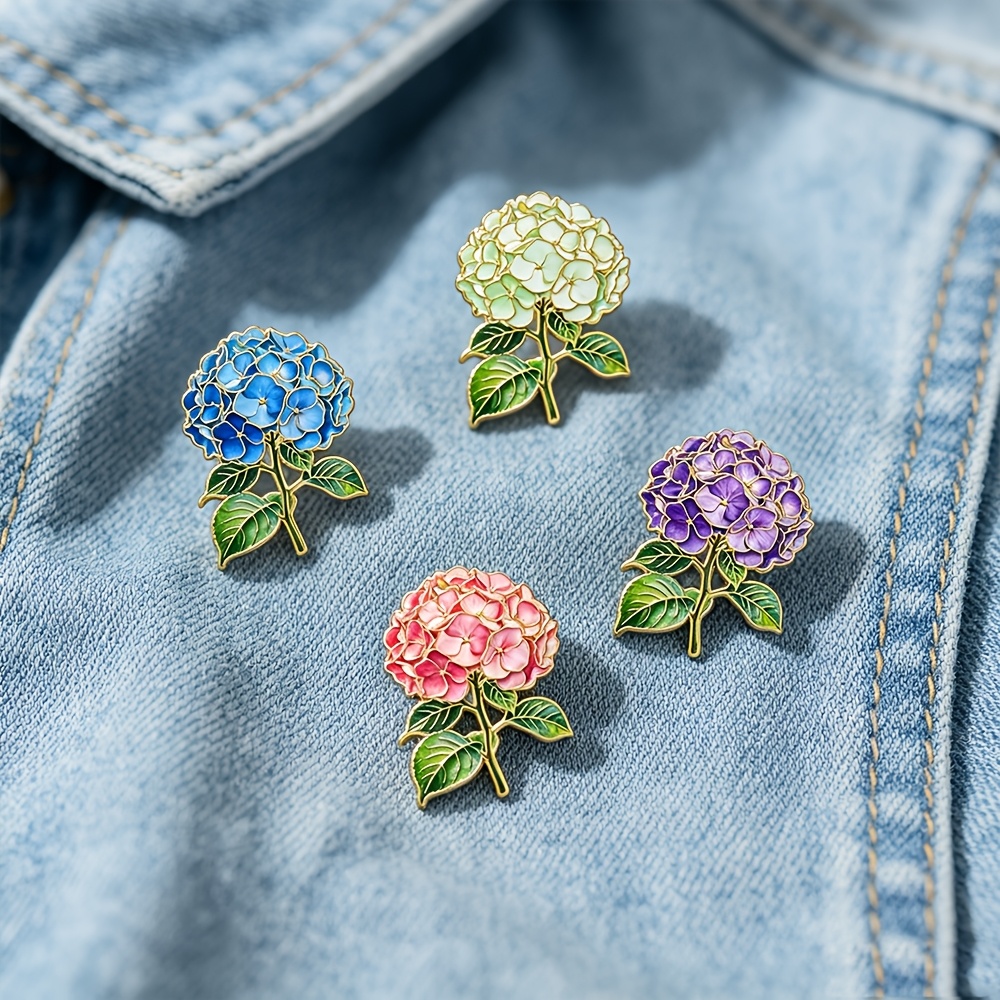 TEMU 4pcs Hydrangea Enamel Brooch Set, Realistic Floral Pin, Fashion Accessory Gift