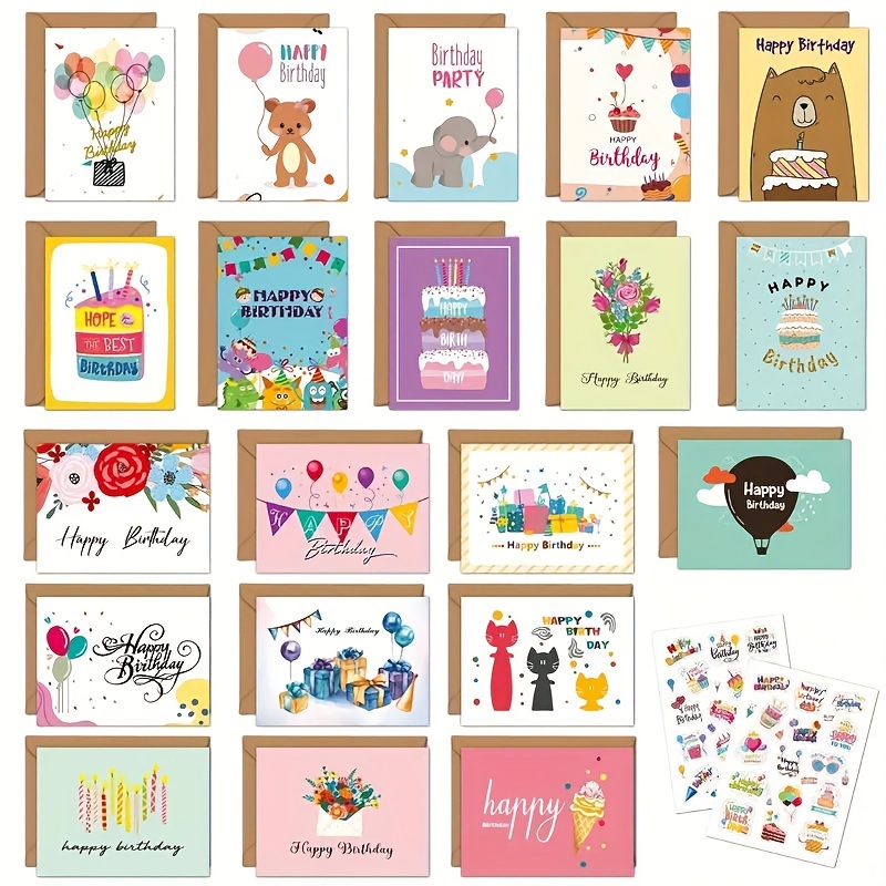 

20pcs Cartoon-themed Birthday Cards With Envelopes, Blank Inside For Messages - Anyone, Includes Thank You & Anniversary Greetings