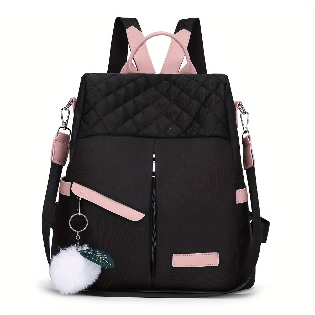 

Women' Backpack, Quilted Design, Charm & Pompom Detail, Dual Straps, Casual Daypack