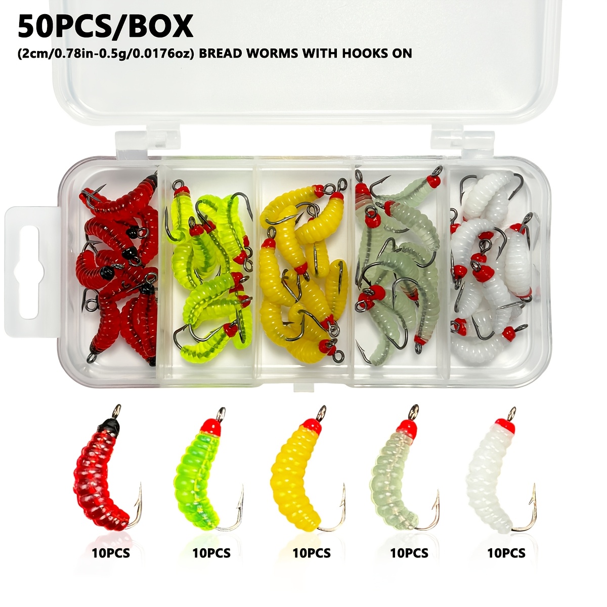 50pcs box silicone hook worms fly fishing insect lures 1cm