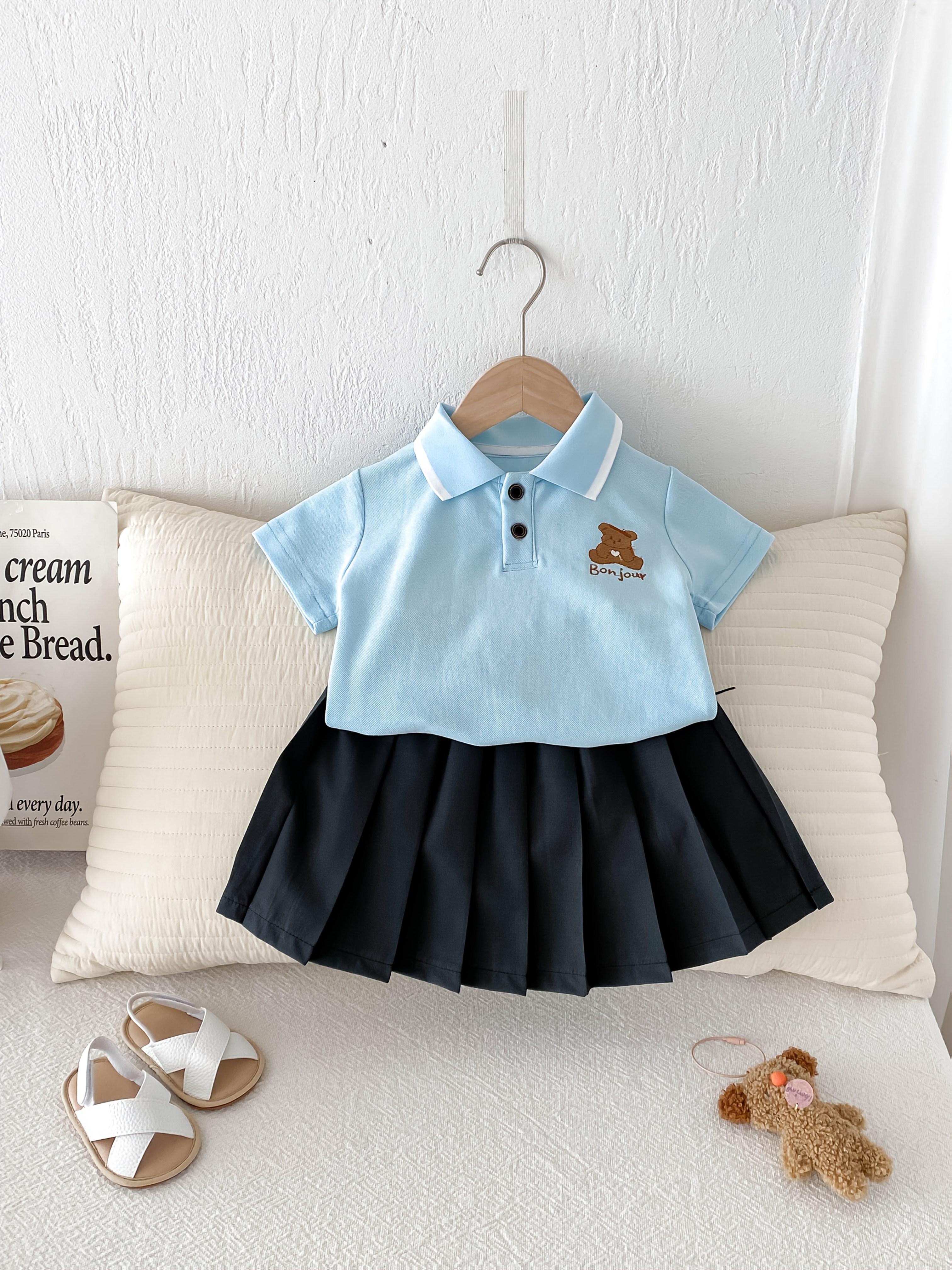 Cartoon Polo Shirt And Pleated Dress Set for Baby Girls in a Collegiate Style, for Outdoor