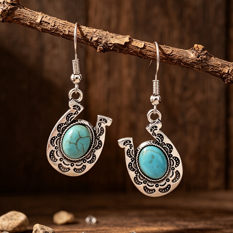 TEMU Une paire de boucles d'oreilles de style western en alliage de avec incrustation de turquoise synthétique ovale de U