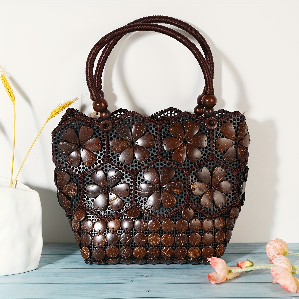Handmade Bohemian Retro Geometric Plastic Handbag for Women - High-Quality Coconut Shell Design with Zipper Closure, Deep Brown Lining & Braided Handles, Versatile for Casual & Formal Occasions, Cute Purse