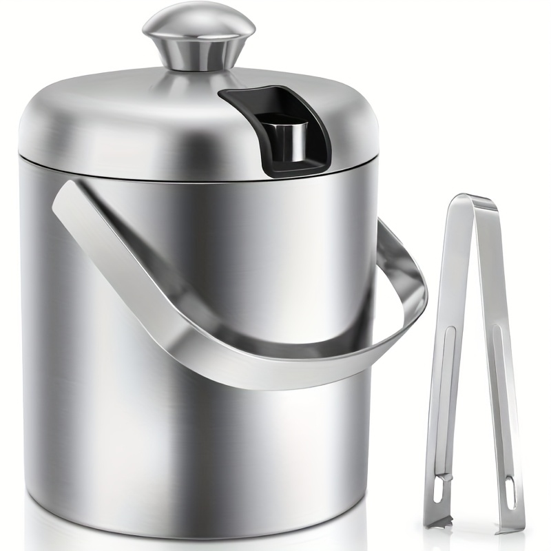 Image of A 1.2-liter Ice Bucket Featuring A Lid And Tongs, Made Of Stainless Steel With A Handle, Ideal For Gatherings, Pubs, Outdoor Grilling, And Picnics