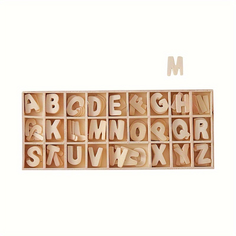 

130 pièces de lettres artisanales en bois avec plateau de rangement en bois, lettres de l'alphabet en bois vierges naturelles, décoration de la maison.