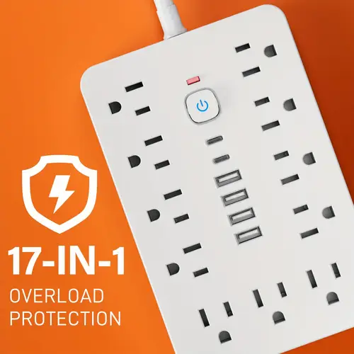 17 in 1 power outlet with protection and multiple outlet extension cords with 11 ac outlets 6 usb ports 2 usb c and on buttons in 5ft and 10ft black and white ideal for offices kitchens dormitories