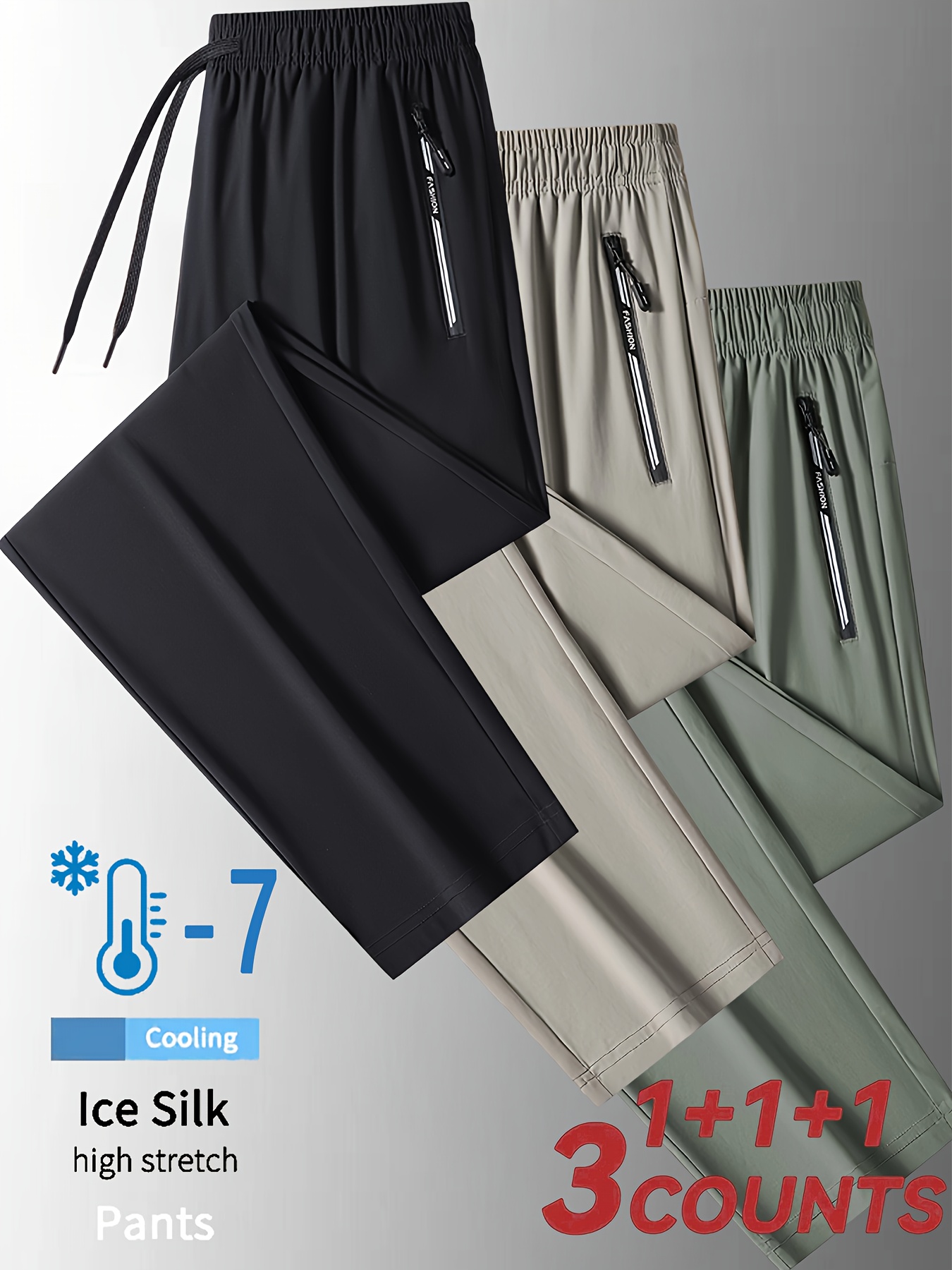 3pcs mens ice silky fiber casual pants high stretch breathable cooling loose fit straight leg trousers with elastic waist pockets machine washable for spring summer 3 colors grey beige trousers trousers pocketed trousers warm weather clothing minimalist style soft fabric casual attire details 0