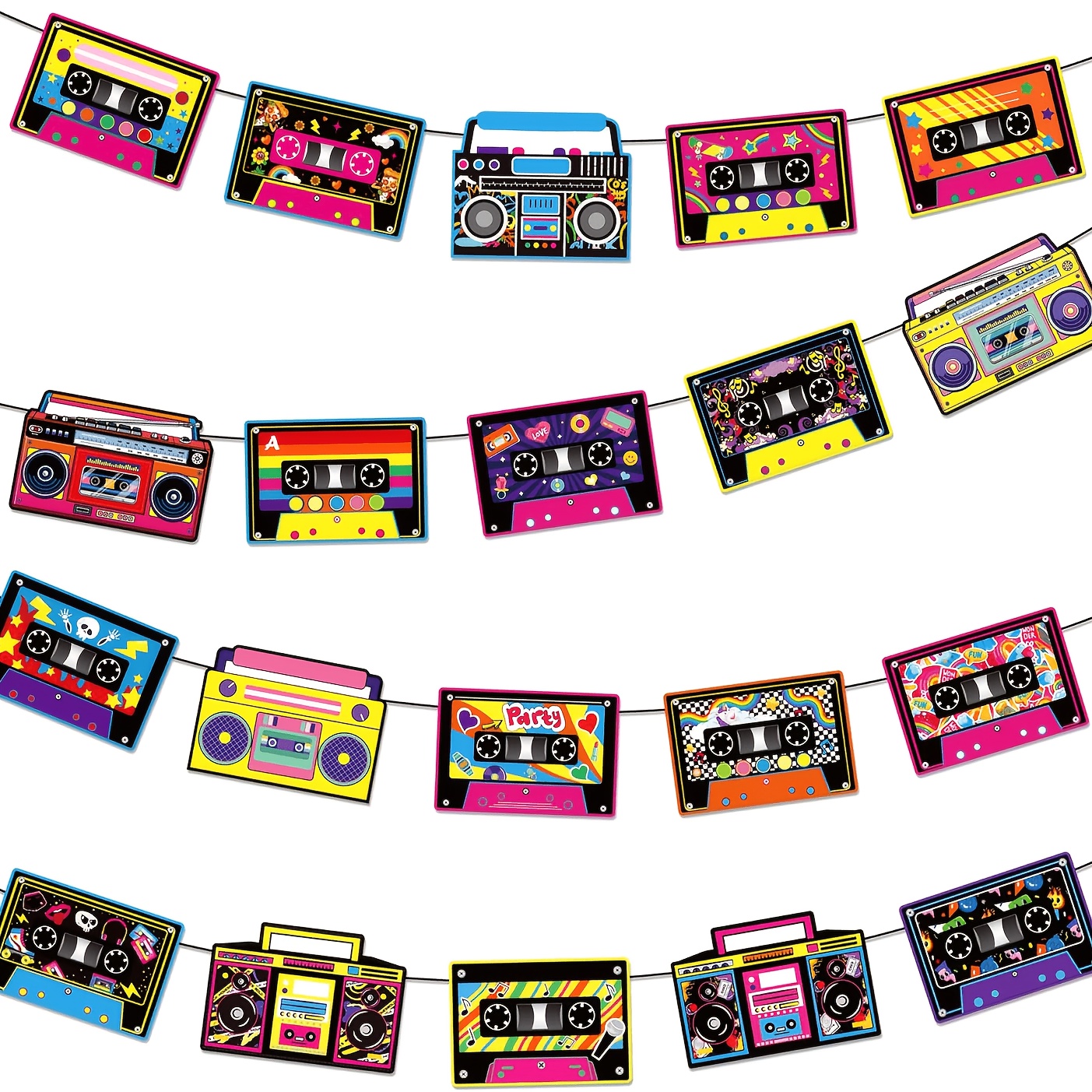 Image of 20pcs Retro 70s 80s Hip-hop Tape Party Banner, Garland, Vintage Player Radio Banner, Suitable For 70s-90s Music Party Decoration, Retro Theme Music Birthday Party Decor