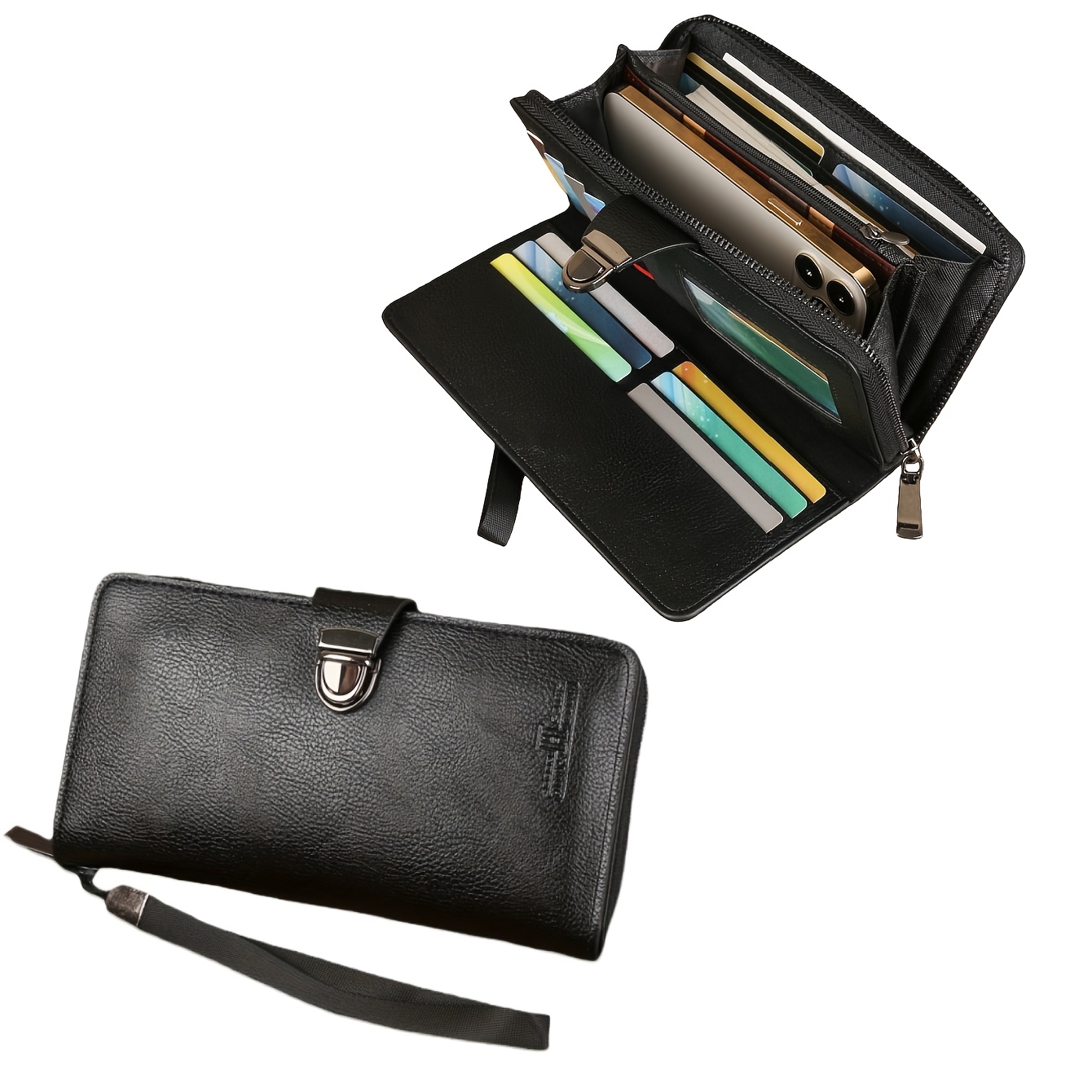 Image of Men's Long Wallet With Wrist Strap - Black Textured Pu, Multiple Card Slots, Phone Compatible, Zipper & Closure, Spacious Capacity, Ideal For Daily/travel Use