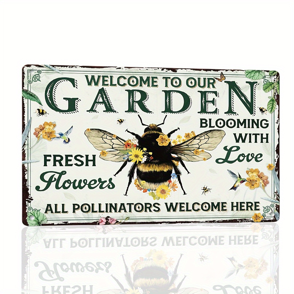 

1pc Rustic Garden Metal Sign, Vintage "welcome To Our Garden" Wall Art, Outdoor Patio Yard Farmhouse Decor, Durable Metal Indoor/outdoor Floral And Bee Design, Gardener Gift Idea, 12x8 Inches