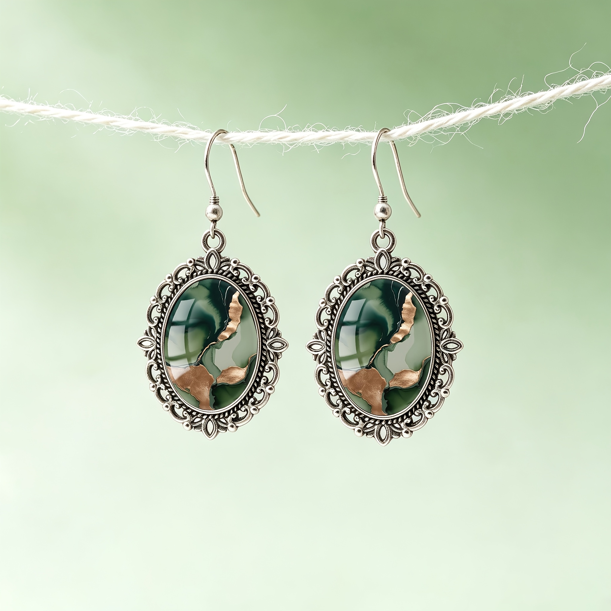 Women's Dark Green Gradient Copper Fluid Rock Layer Earrings