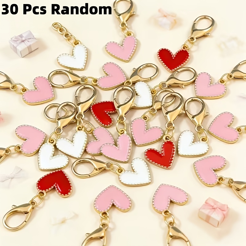TEMU 30pcs Random Red, Pink, And White Heart-shaped Keychain Set With Heart Pendant Charms, Cute Ladies' Bag Accessories, Fashionable Accessories,