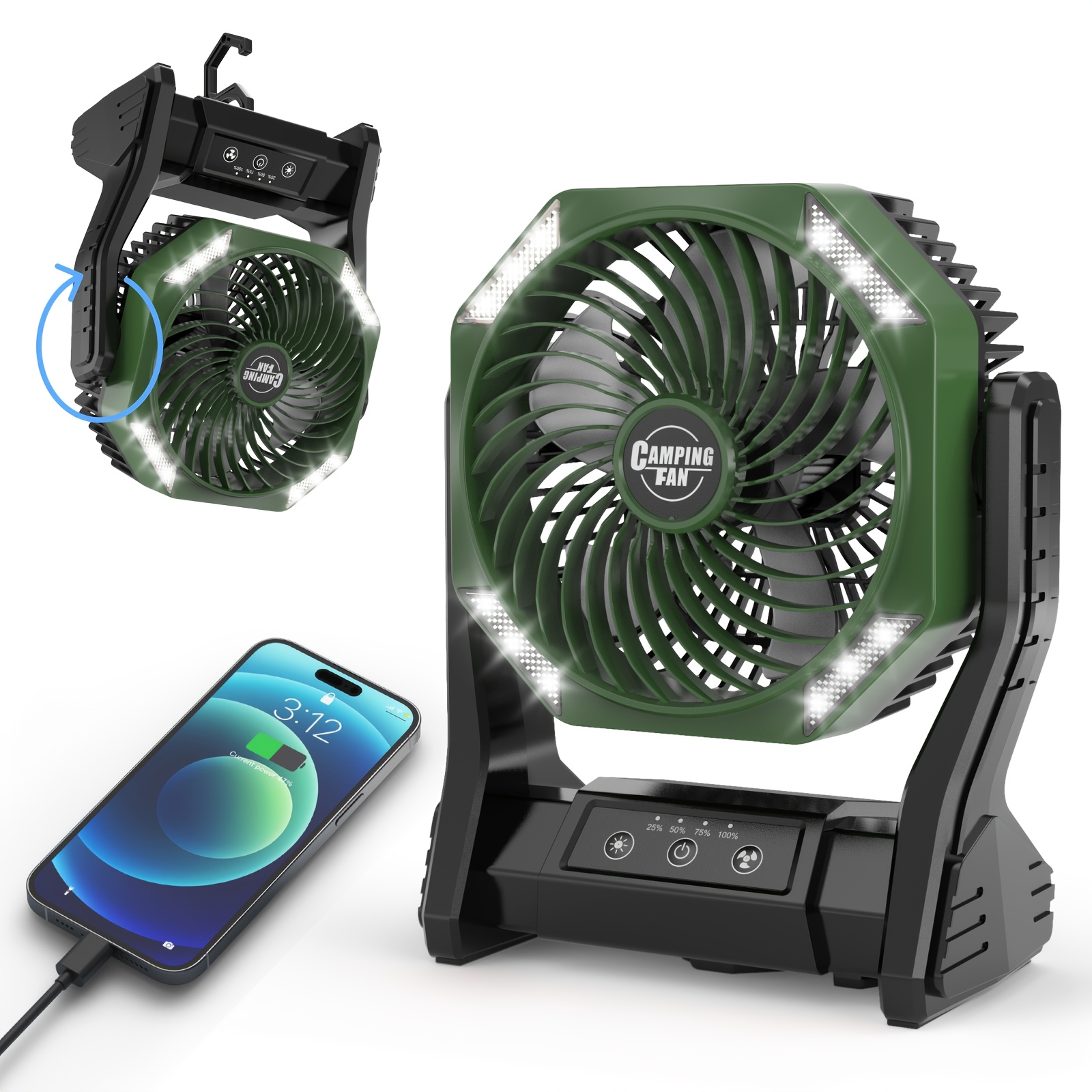 TEMU 20000mah Camping Fan With Led Light, 4 Wind Brushless Motor, 180° Portable Outdoor Fan, 22-26 Hours Long , Desk Fan For Camping, Hiking, Picnic,