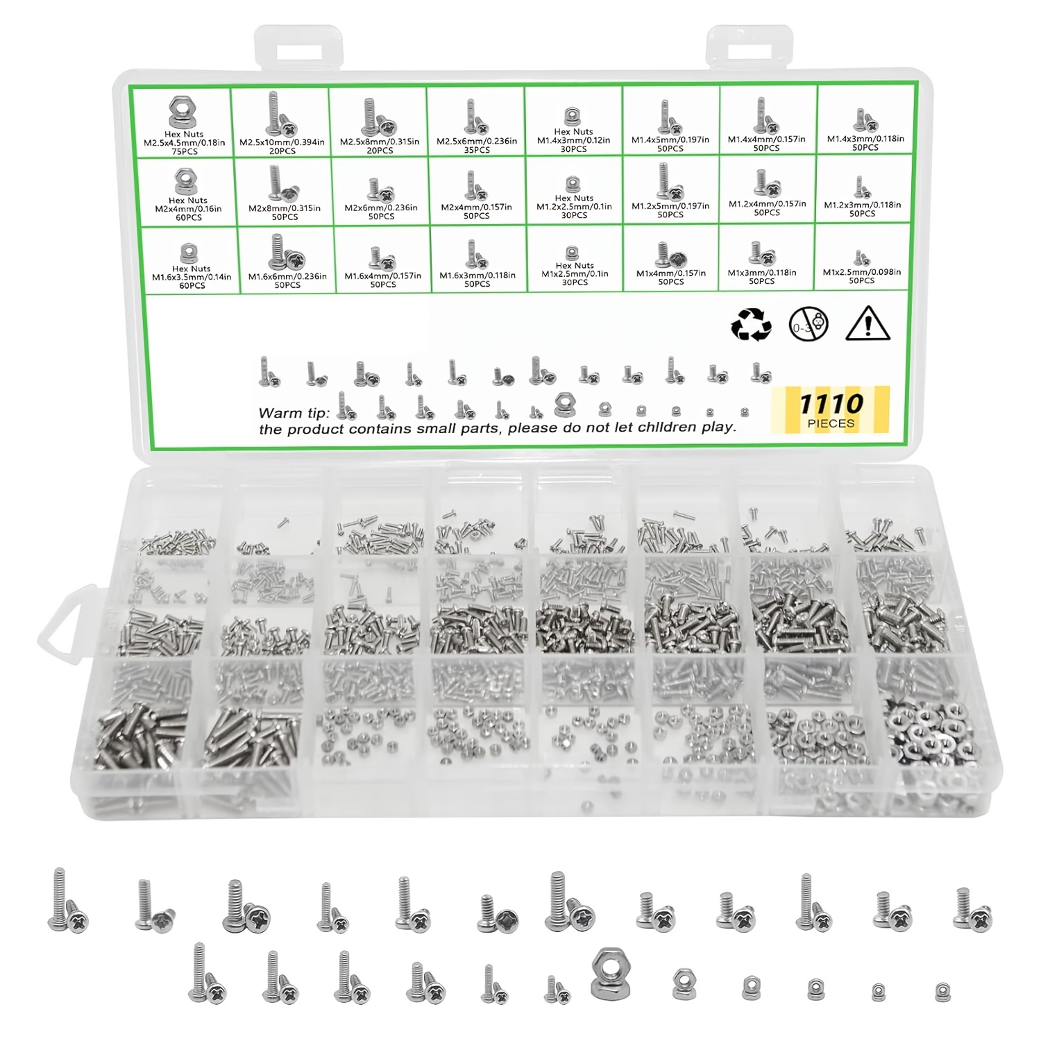 1110pcs Metric Micro Screws & Nuts Kit, M1 M1.2 M1.4 M1.6 M2 M2.5, 304 Stainless Steel Phillips Pan Head Screws, Fully Threaded For , Rc Models, Electronics & Diy Projects