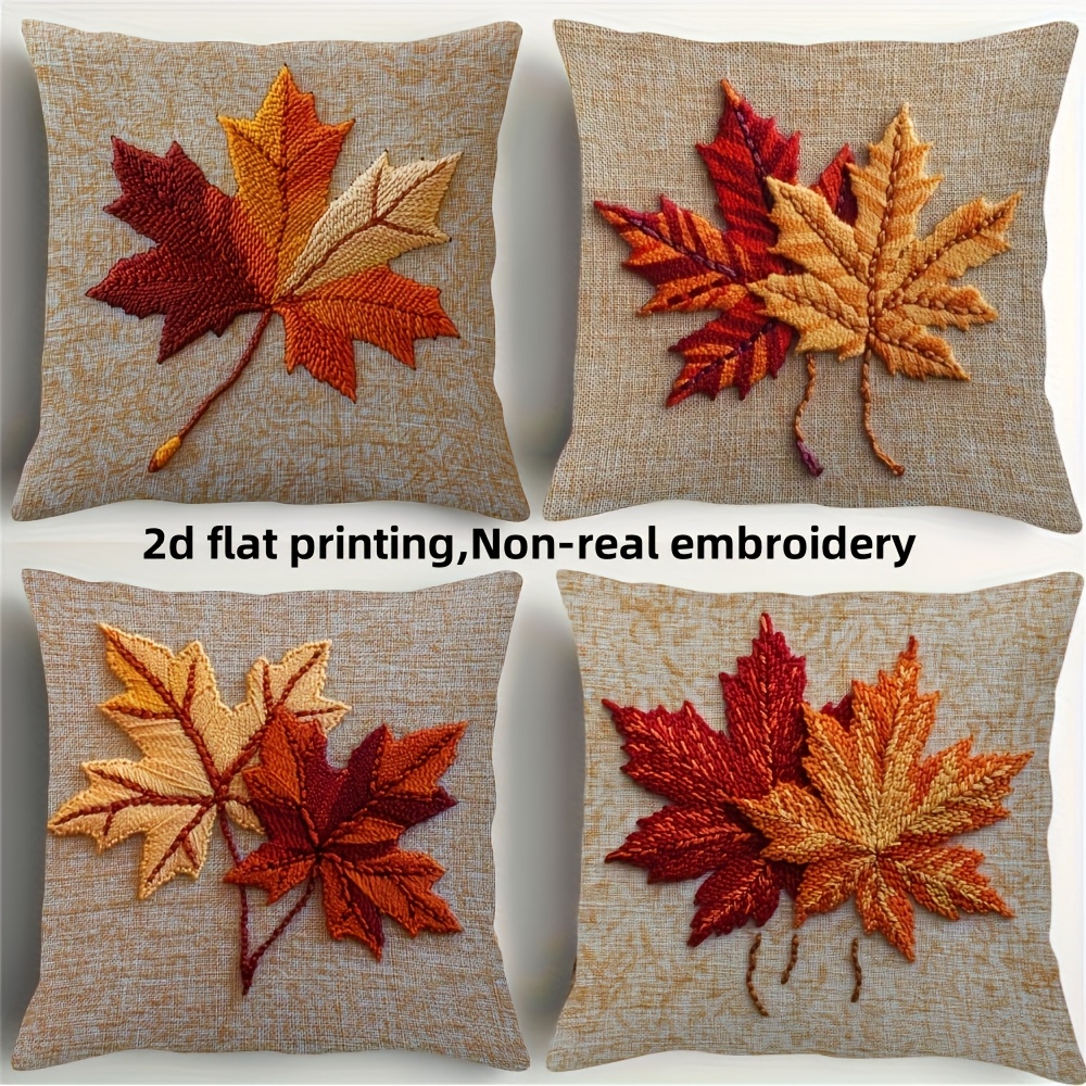TEMU 4 pièces Housse de Coussin Imprimé Plat 2D Feuille d'Érable Automne, Impression Recto, Non, Matériau , Fermeture Éclair, Décoration de Chambre