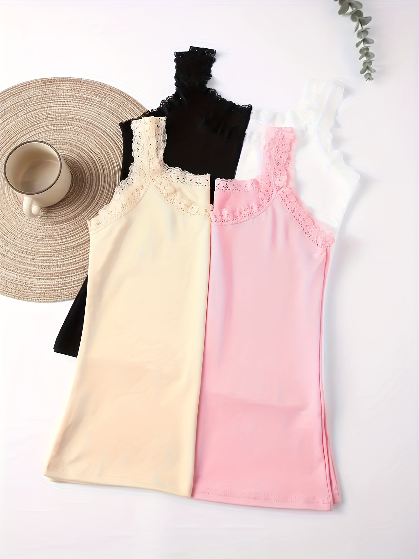 4pcs solid lace trim vest top simple elastic breathable tank top womens lingerie underwear