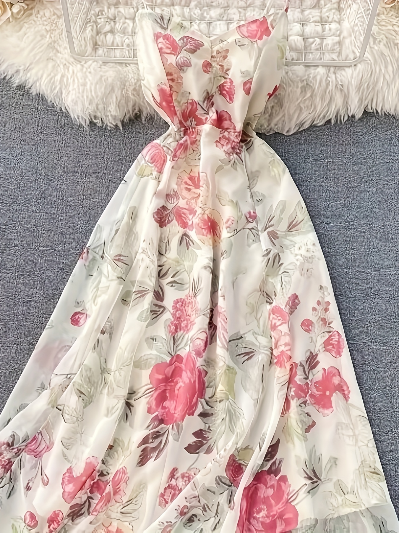 【Since Then】French Vacation Floral Suspender Long Dress french suspender beach vacation dress women's sexy backless