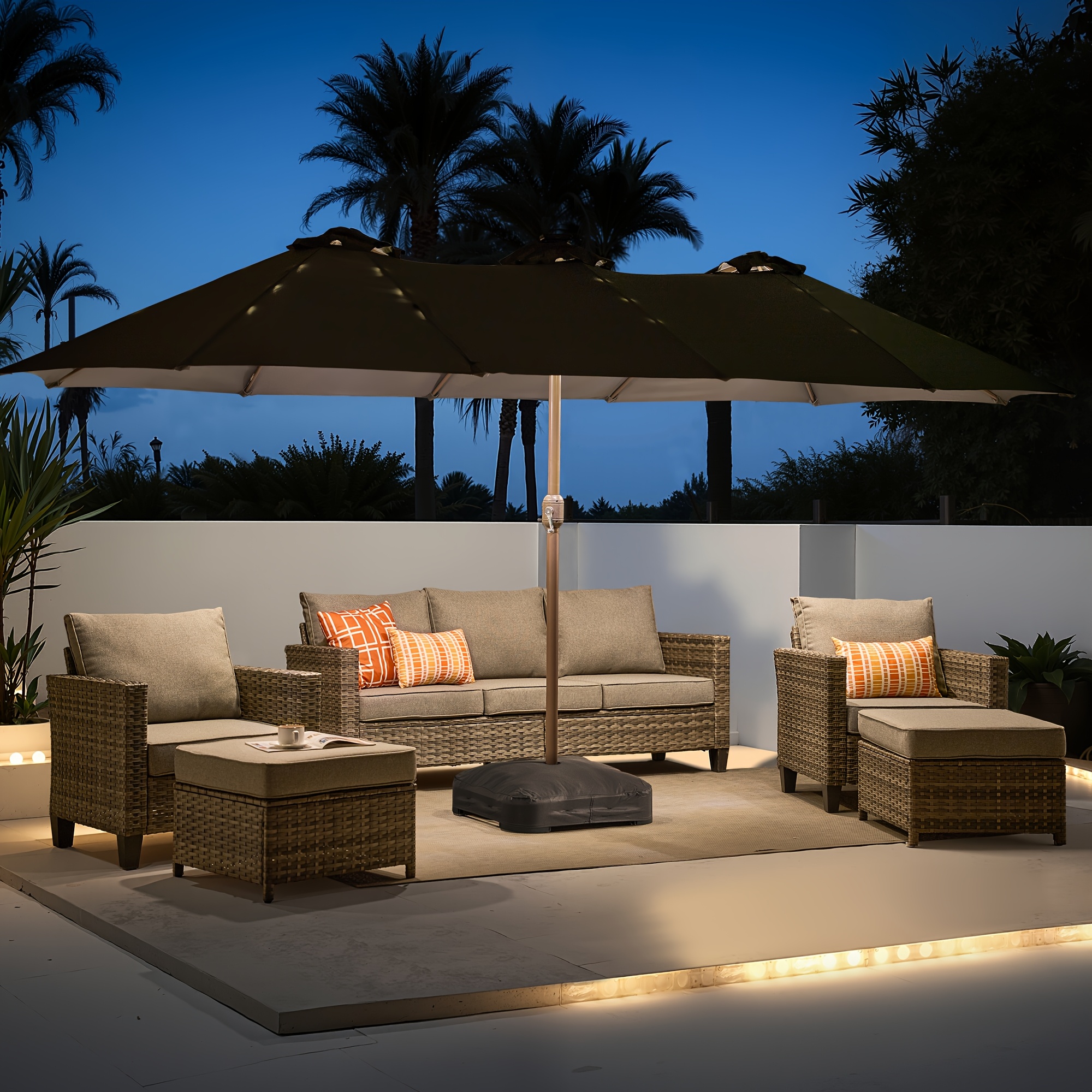 15ft Double Sided Patio Umbrella With 36 Solar LED Lights, 8Hr Auto-Illumination, Commercial-Grade Wind-Resistant Steel Frame & Premium Polyester Fabric, Outdoor Oversized Market Table Umbrella - 12 Heavy Duty Ribs (Base Included)
