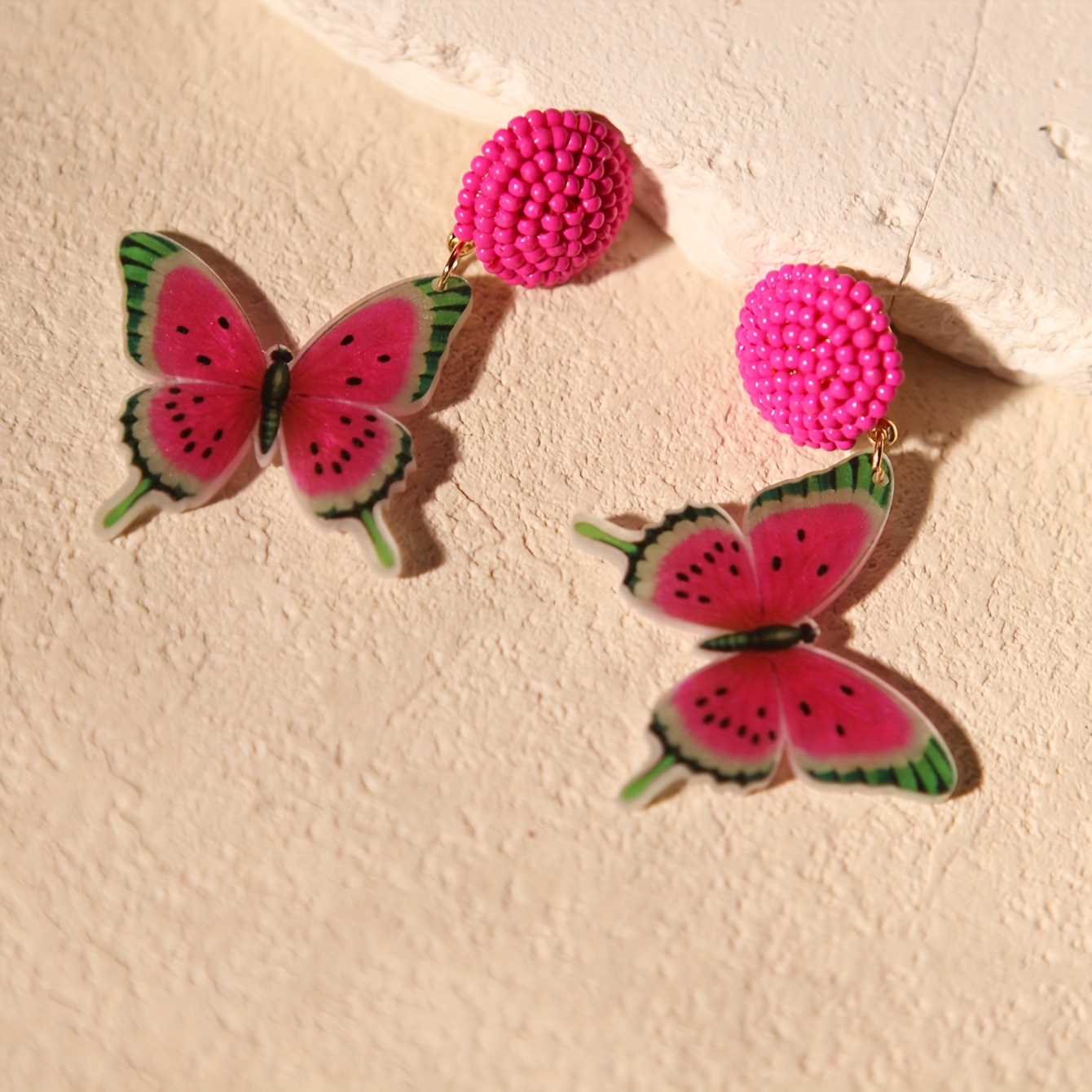 Women's Creative Rose-Red Butterfly Seed Bead Dangle Earrings