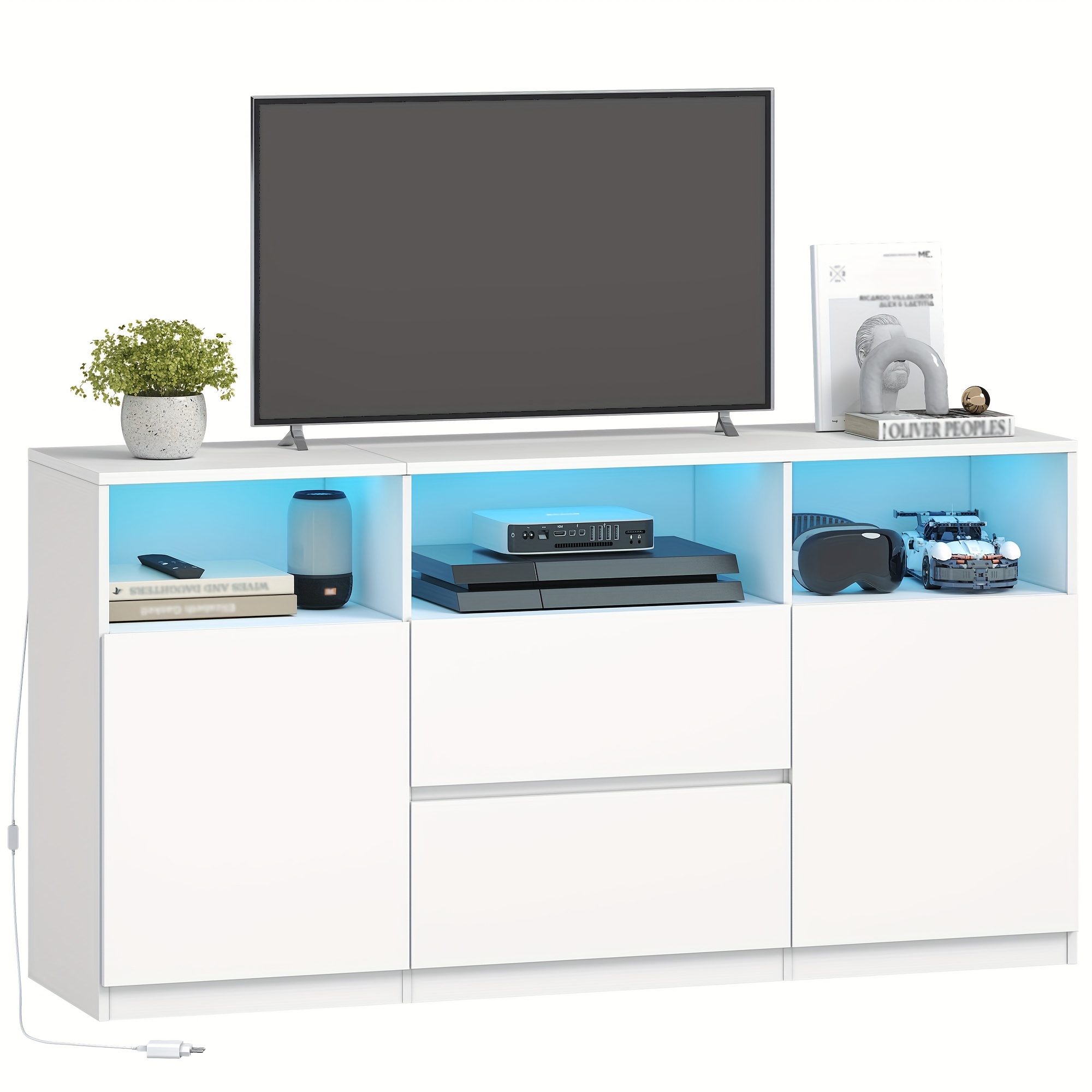 Tv Cabinet With Led Lighting (25 Colors), Tv Stand For Tvs Up To 65 Inches, Lowboard With 2 Drawers And 3 Open Compartments, For Living Room And Bedroom, White